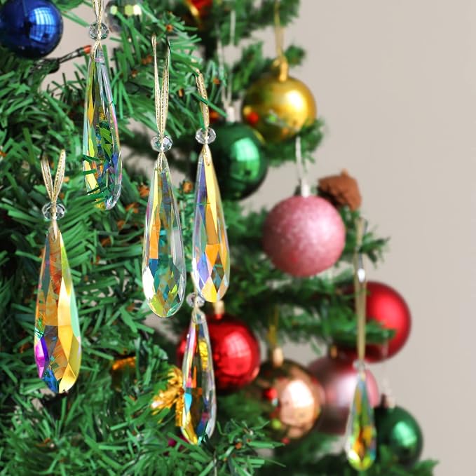 Crystal Glass Christmas Ornaments, 6Pcs Teardrop Prism Hanging Crystals for Christmas Tree,Centerpieces,Wedding,Party Decor (Crystal AB)