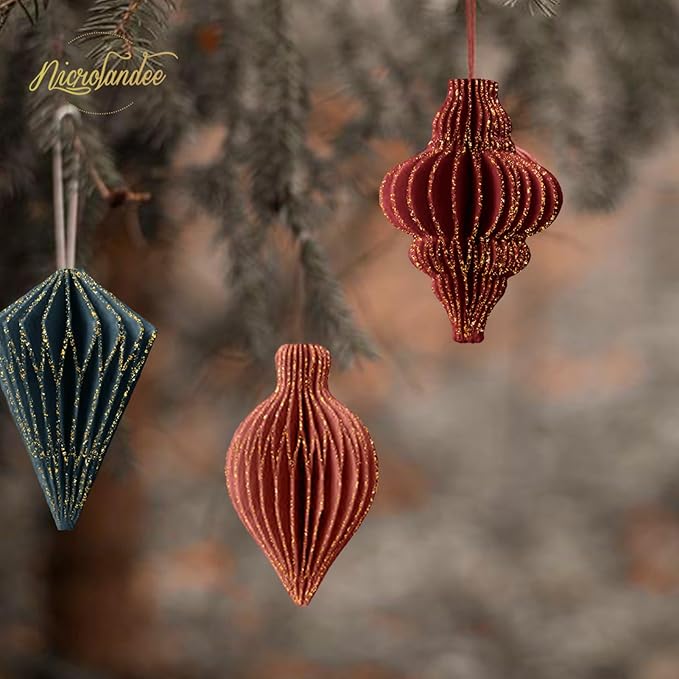 NICROLANDEE Christmas Decorations, 6 PCS Christmas Paper Honeycomb Ornaments with Glitter Edge, Mini Hanging Paper Lanterns for Christmas Tree Decoration Xmas Holiday Party New Year Decor