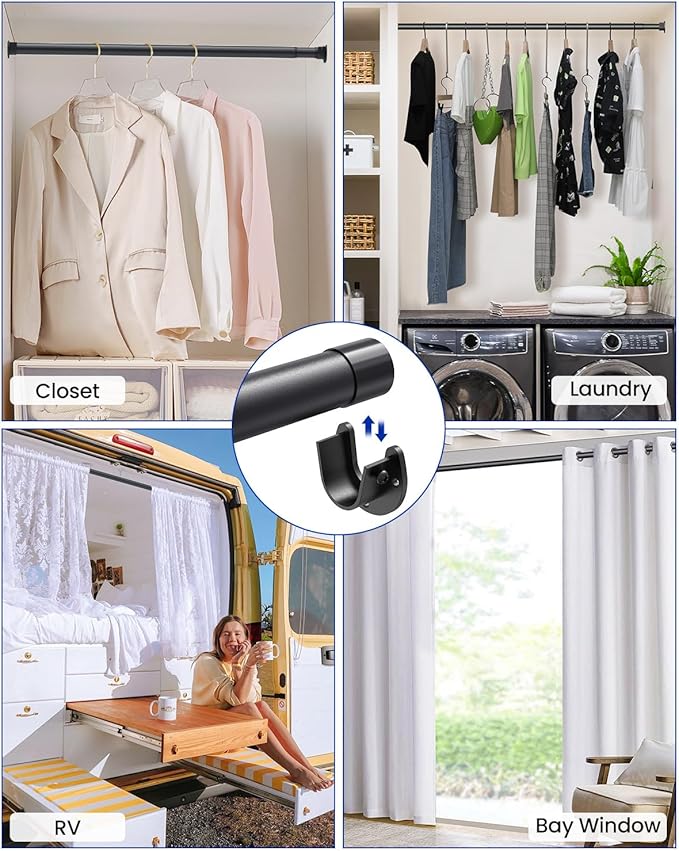 Closet Rods for Hanging Clothes, 17 to 69 Inches Stepless Adjustable Metal Closet Rod, 1.3 Inches Heavy Duty Clothes Hanging Rod for Closet Wardrobes Laundry RV, Black