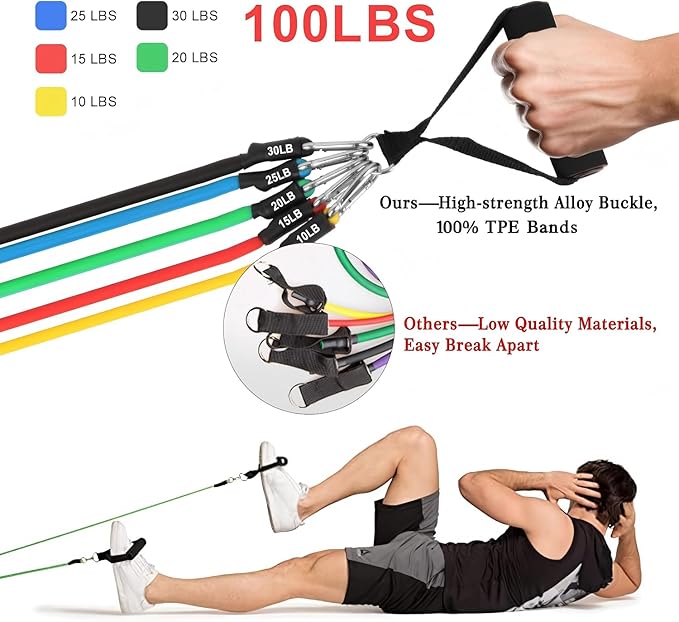 Resistance Bands Set (12pcs), Workout Bands with Handles, Door Anchor, Ankle Straps and Carry Bag, Exercise Bands for Shape Body and Home Workouts