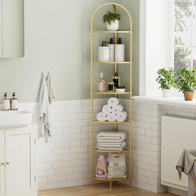 Homhedy 6-Tier Corner Shelf Stand, Metal Corner Bookshelf, Tempered Glass Shelves, Bathroom Storage Rack Shelf, Plant Stand, Modern Style, Golden