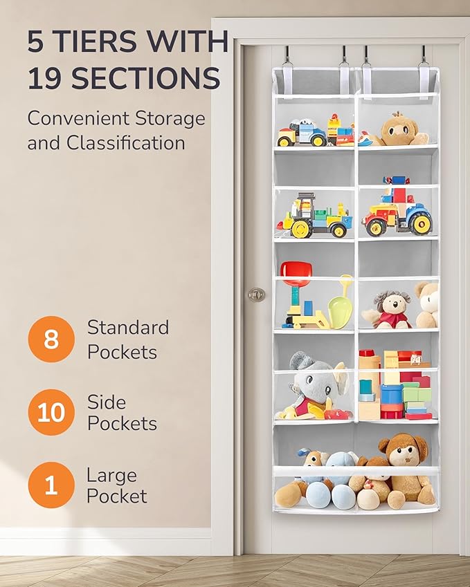 ULG Over the Door Organizer, 5-Tier Extra Large Hanging Storage with 10 Mesh Pockets, 100 lbs Capacity, Heavy Duty Door Organizer for Closet, Bedroom, Nursery Light Grey