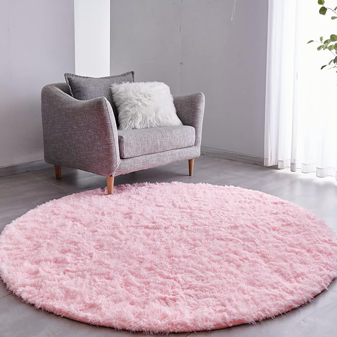 FJZFING Pink Round Rug Ultra-Soft Plush Modern 4x4 Circle Area Rug for Kid's Bedroom, Fluffy Shag Circular Rug for Nursery Room, Non-Slip Home Decor Cute Pink Carpet for Teen's Room