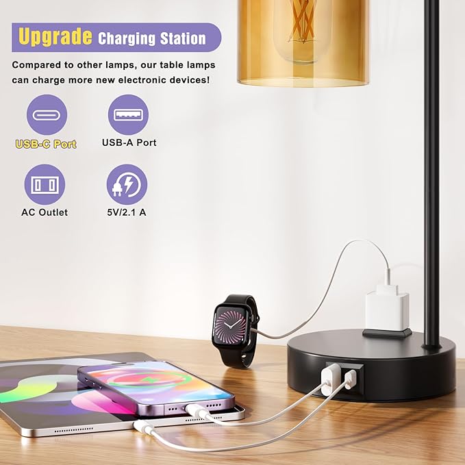Industrial Touch Nightstand Lamps for Bedrooms Set of 2 - 3-Way Dimmable Table Lamps with USB C+A Ports and Outlet, Bedside Lamps with Amber Glass Shade for Living Room, Desk Lamps for Home Office