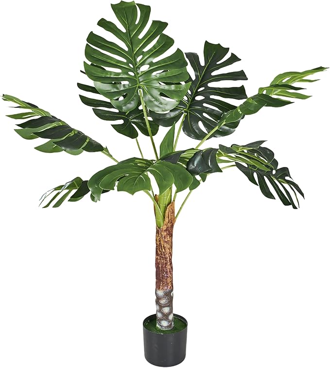 VECELO 4FT Artificial Monstera Plant Tall, 48'' Faux Swiss Cheese Plants Large with Fake Bark, Dried Moss and Pot, Houseplant for Indoor Outdoor Living Room Home Decor