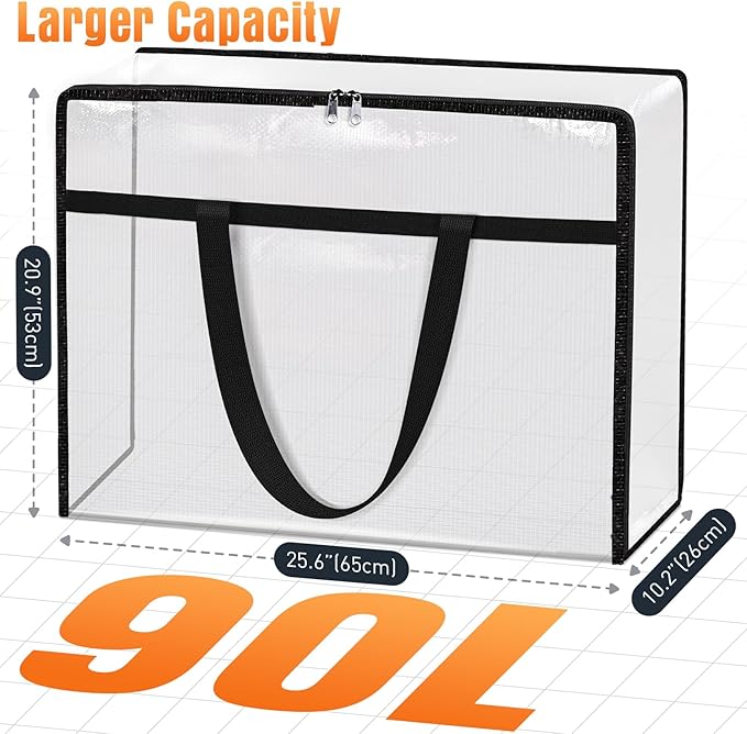 Clear Under Bed Storage Containers - 6 Pack Large Capacity Clothes Storage Bags with Lid & Sturdy Handles, Foldable Moving Bags, Clothing Organizer Totes for Bedding, Comforter, Sheet（90 L）