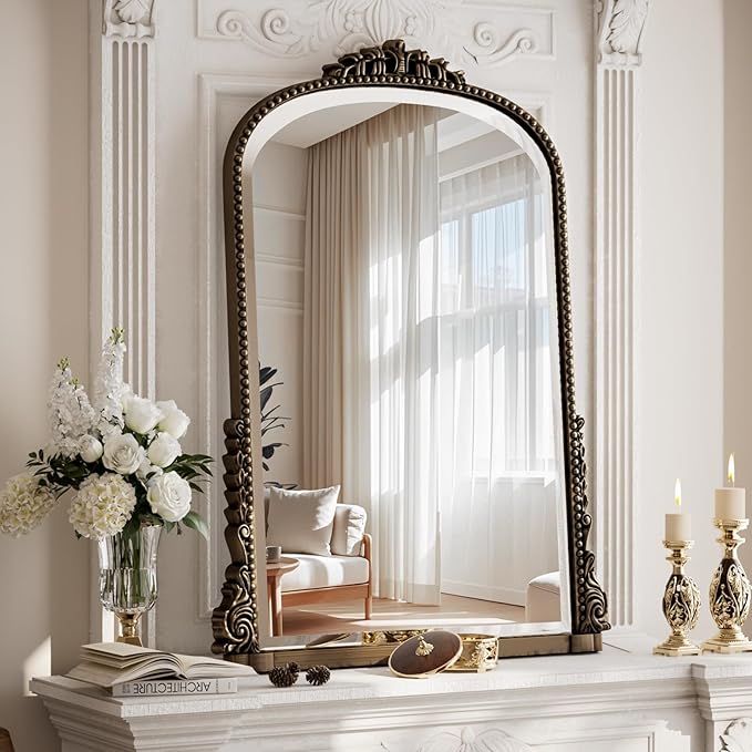 40x28 Beaded Arched Mirror, Bathroom Mirror for Over Sink, Metal Frame Wall Decor for Entryway, Bedroom, Living Room, Bronze