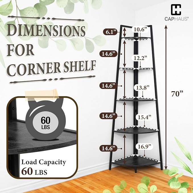 CAPHAUS Tall Corner Shelf Stand, 5-Tier Display Shelves, Ladder Corner Wood Storage Plant Bookshelf with Metal Frame, Versatile Shelving Unit Bookcase for Home Office Space, Black