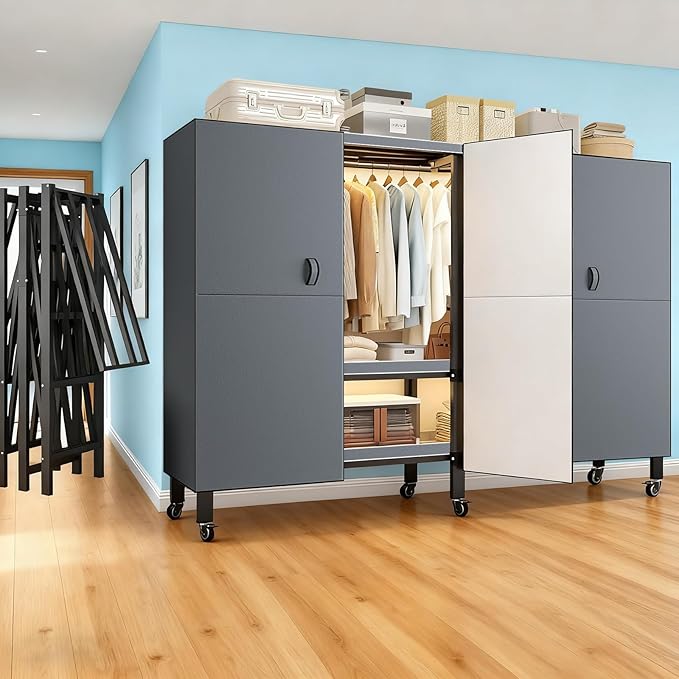 Heavy Duty Portable Closet with Cover Magnetic Doors, Metal Rolling Clothes Rack Heavy Duty 1500LBS, Foldable Clothing Rack, Garment Racks for Bedroom/LivingRoom/Rental (KT Grey, 49.21in)