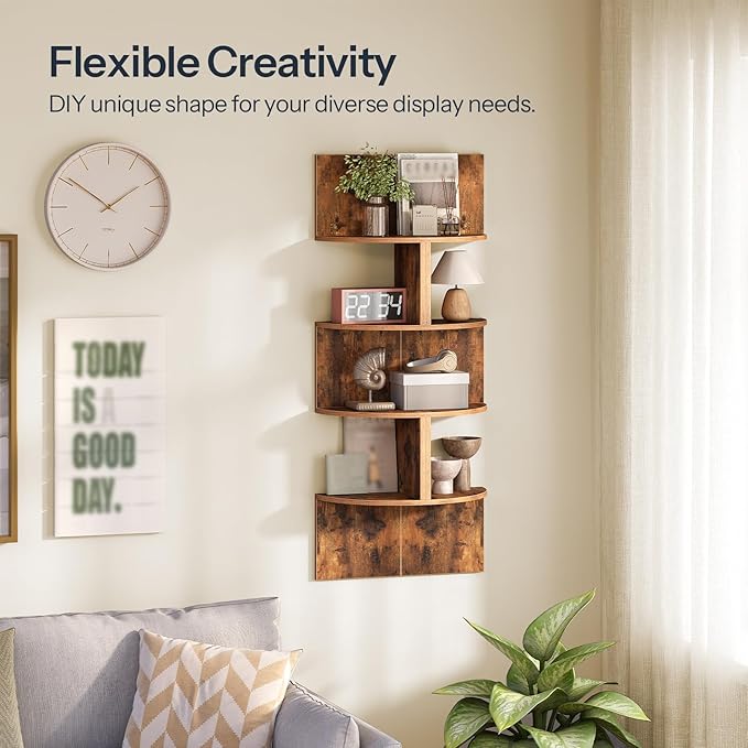 HOOBRO Corner Shelf Wall-Mounted, Set of 2 Floating Corner Shelves for Wall, 4-Tier Corner Bookshelves for Living Room, Bedroom, Bathroom, Home Office, Rustic Brown BF25BJP201
