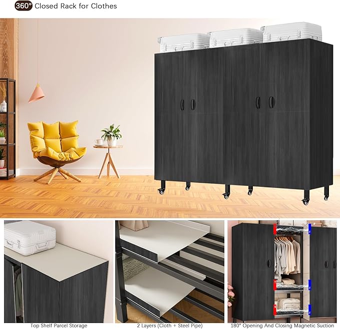 Heavy Duty Portable Closet with Cover Magnetic Doors, Metal Rolling Clothes Rack Heavy Duty 1500LBS, Foldable Clothing Rack, Garment Racks for Bedroom/ LivingRoom/ Rental (KT Woodgrain Black, 49.21in)