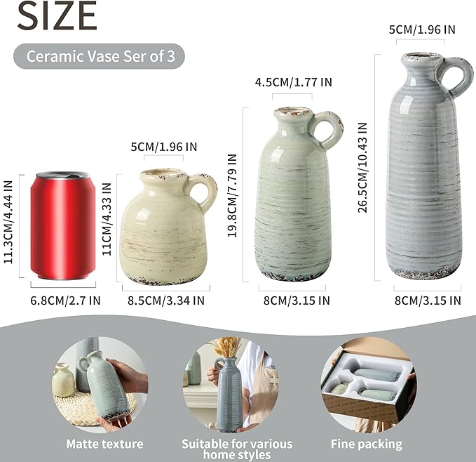 Ceramic Vase Set of 3 | Neutral Vase Home Decor with Handle | Pottery Modern Farmhouse Vases Pampas Grass Flower Vases for Home Decor Table Living Room Centerpieces Mantel Decor - Multicolor