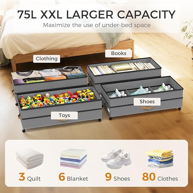 Under Bed Storage with Wheels 2-Pack, 75L XXL Under the Bed Storage Containers Large, 12" Tall Adjustable Storage for Underbed with Lids, Rolling for Shoes, Clothes, Blankets (Grey)