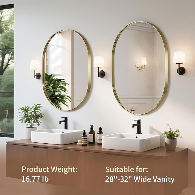 Gold Oval Mirror, 24"x36" Oval Bathroom Mirror, Brushed Gold Mirror with Aluminium Alloy Frame, Anti-Rust, Tempered Glass