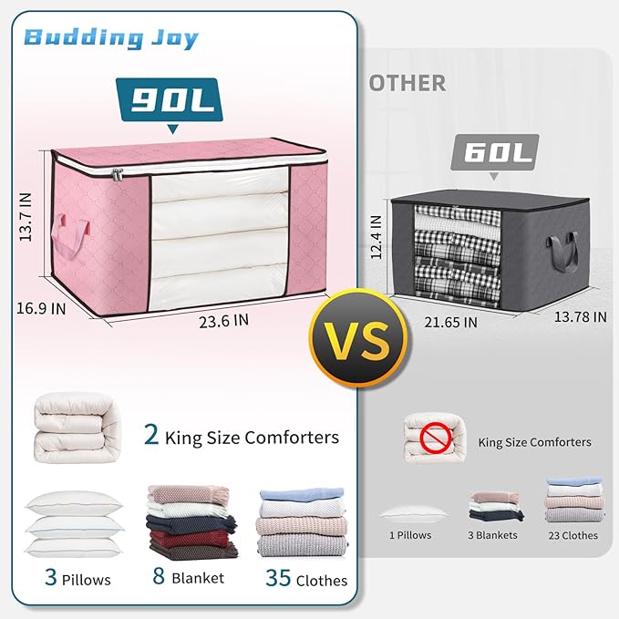 Budding Joy 90 L Large Storage Bags, 6 Pack Clothes Bins Foldable Closet Organizer Containers for Blanket, Comforters, Bed Sheets, Pillows (Pink)