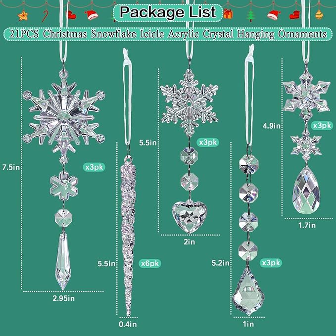Jishi 21pcs Crystal Christmas Ornaments for Christmas Tree Decorations, Hanging Crystals Acrylic Snowflake Icicle Ornaments Set w/Drop Pendants for Winter Wonderland, Holiday Home Decor Party Supplies