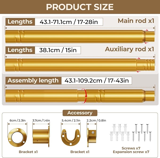 Mavivegue Closet Rod, 17 to 43 Inch Gold Adjustable Closet Rods for Hanging Clothes, Hanging Rod for Closet Wardrobes Laundry RV, Bathroom