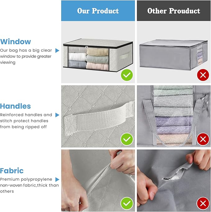 HomeHacks Storage 8-Pack Clothes Organizer Storage Bags Foldable Storage Box with Large Clear Window Sturdy Handles for Closet, Dorm, Pillows, Bedding, Clothes, Blankets, 35L, Ivory