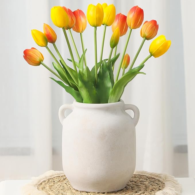 Ceramic Flower Vase Home Decor - 7.6 Inch Farmhouse Rustic White Table Vases with Handle Living Room Decoration Decorative Vintage Pottery for Kitchen Shelf Coffee Dining Desk Bookshelf Fireplace