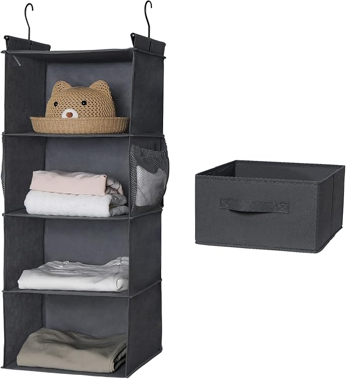 MAX Houser 4-Shelf Hanging Closet Organizer, Space Saver, Cloth Hanging Shelves with 2 Side Pockets, Foldable (Grey)