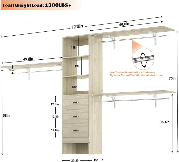 Armocity 120 Inches Closet System, 10FT Walk In Closet Organizer with 3 Shelving Towers, Heavy Duty Clothes Rack with 3 Drawers, Built-In Garment Rack, 120" L x 16" W x 75" H, Load 1300 LBS, White Oak