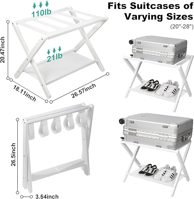 VASMIA Luggage Rack, Folding Suitcase Stand with Storage Shelf,Bamboo Luggage Stand for Guest Room,Bedroon and Hotel,Holds up to 131 lb,Fit Most Luggage Size,White