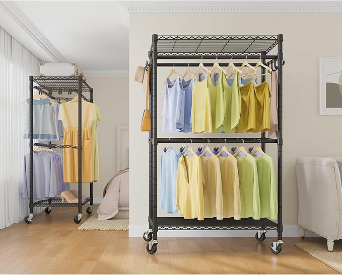 VIPEK R2 Pro Rolling Garment Rack 2-Sided Hanging Heavy Duty Clothes Racks with Wheels Adjustable Shelves Hanging Rods Metal Portable Closet Storage Freestanding Clothing Rack, Max load 600lbs, Black