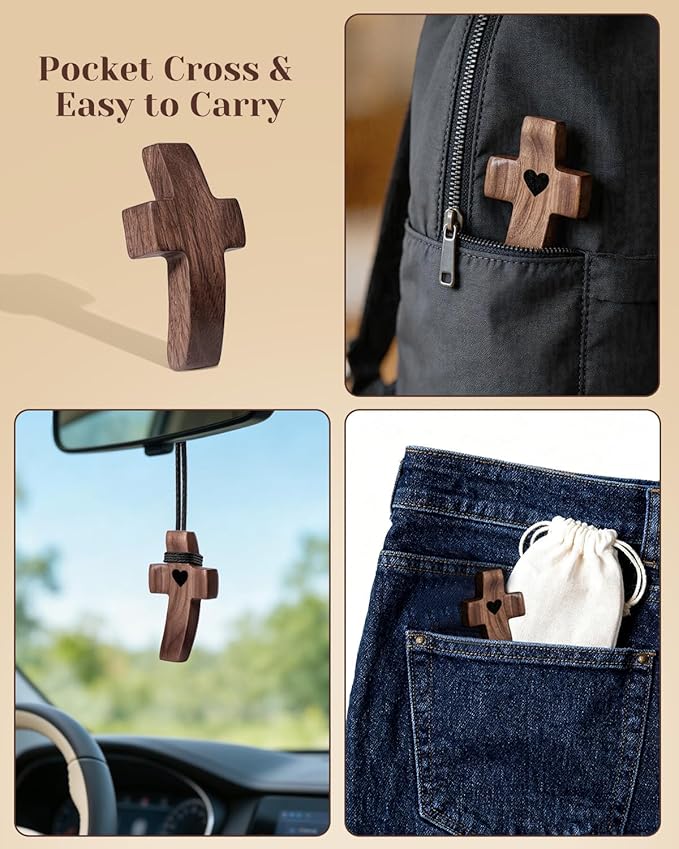 3-Pack Wooden Cross Fidget, Handmade Pocket Wood Crosses, Cross My Heart | Encouragement Gift, Relieve Anxiety for Yourself, Inspirational Easter Gift for Christian Faith, Prayer, Father Day Gifts