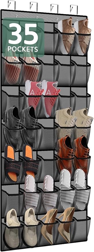 PAULONE 35 Pocket Over the Door Shoe Organizer,Reusable Breathable Large Mesh Bag Men's & Women's Sneaker Organizer,Shoe Organizer for Kids,Hanging Shoe Storage Hanging Bag (Gray)