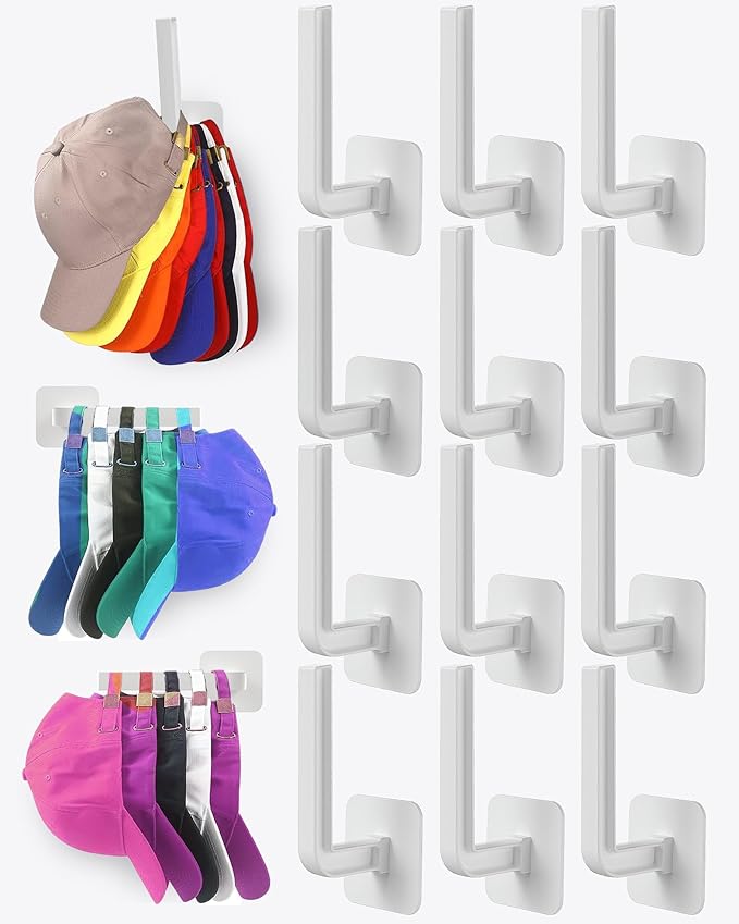 Hat Rack for Hat Storage (12-Pack), Multi-Purpose Hat Organizer, Strong Adhesive Hat Hooks for Wall Hat Organizer for Baseball Caps, Two Mounting Options Hat Hook, White