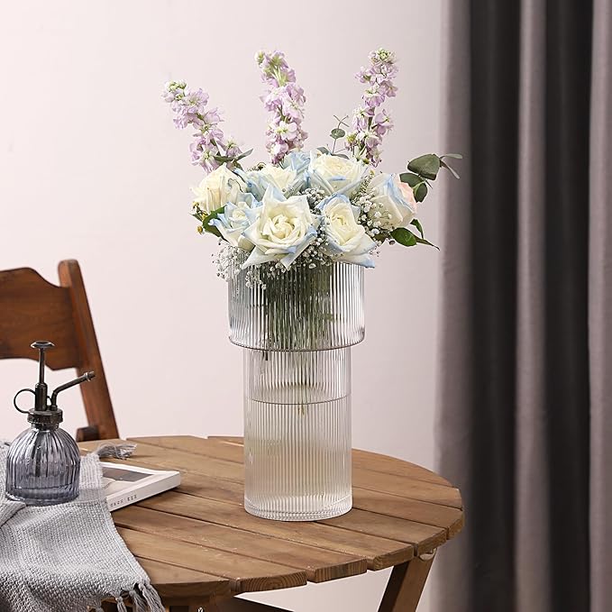 Large Glass Vase, 12 Inches Tall Vase for Flowers, Flower Vases for Bouquet, Modern Ribbed Glass Vases for Living Room, Dining Table, Office, Entryway, Mantle, Shelf, Wedding Gifts
