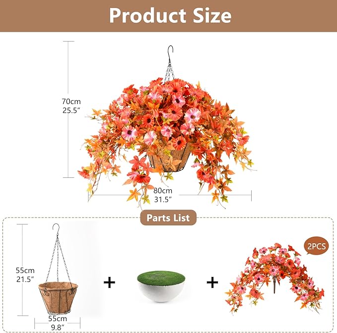 Artificial Flowers Hanging Basket Plants, Fake Petunias Fall Flower for Outdoor Decoration,Realistc Faux Silk Flower UV Resistant for Porch Patio Yard Garden Home Balcony (Double Orange)