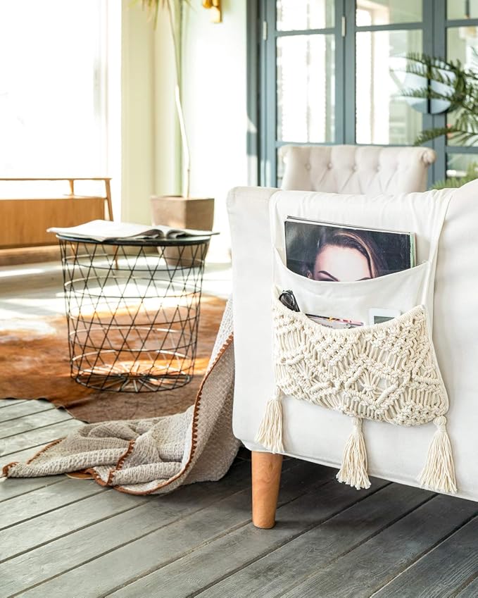 Mkono Macrame Couch Organizer Remote Control Caddy Sofa Armrest Armchair Bedside Storage Holder Bag for TV Remote, Magazine, Books, Cell Phone, iPad, Boho Living Room Home Dorm Decor, Beige