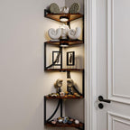 HAAYOT Corner Shelf Wall Mounted with Lights, 5-Tier Floating Metal Shelves for Living Room, Bedroom, Rustic Brown
