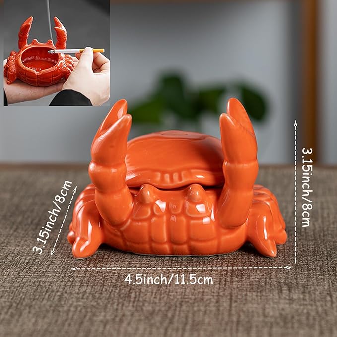 Ashtray with Lid, Windproof Tabletop Ceramic Cigarette Ash Tray for Outside or Inside, Crab Decor