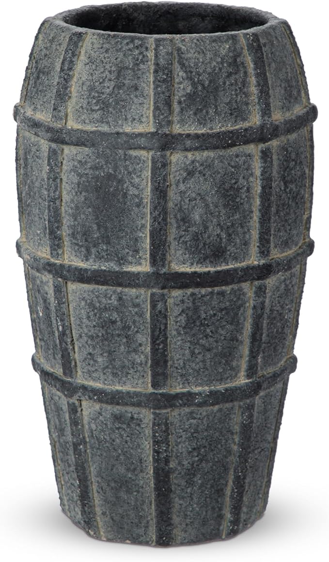 Briful Rustic Terracotta Flower Vase for Home Decor – 9" Blue Farmhouse Textured Barrel-Style Ceramic Vase Vintage Handcrafted Gridded Design for Faux & Dried Flowers Living Room Table Centerpiece
