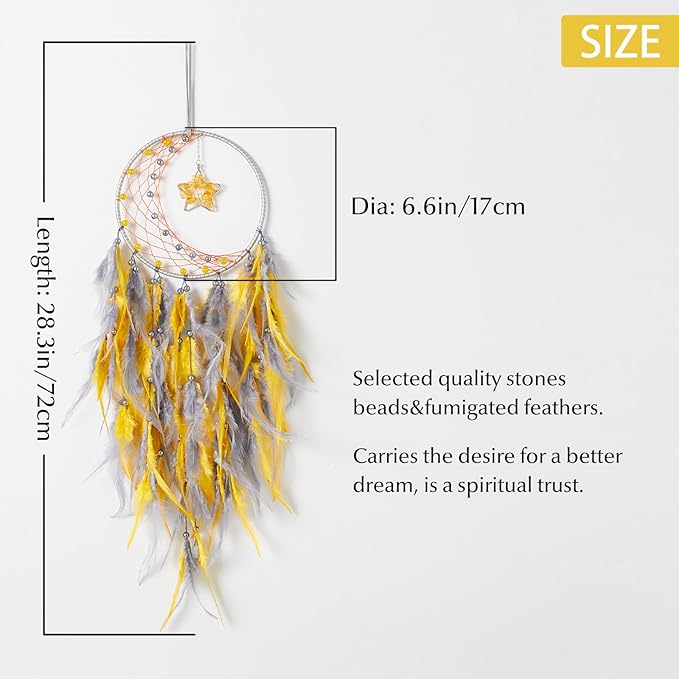 Dreamlike Moon Dream Catchers Wall Decor Crescent Dream Catcher with Crystal Stone Star Shaped Tree of Life Pendant Handmade Yellow Feather Dreamcatchers Wall Hanging for Girls Bedroom Wedding Gift