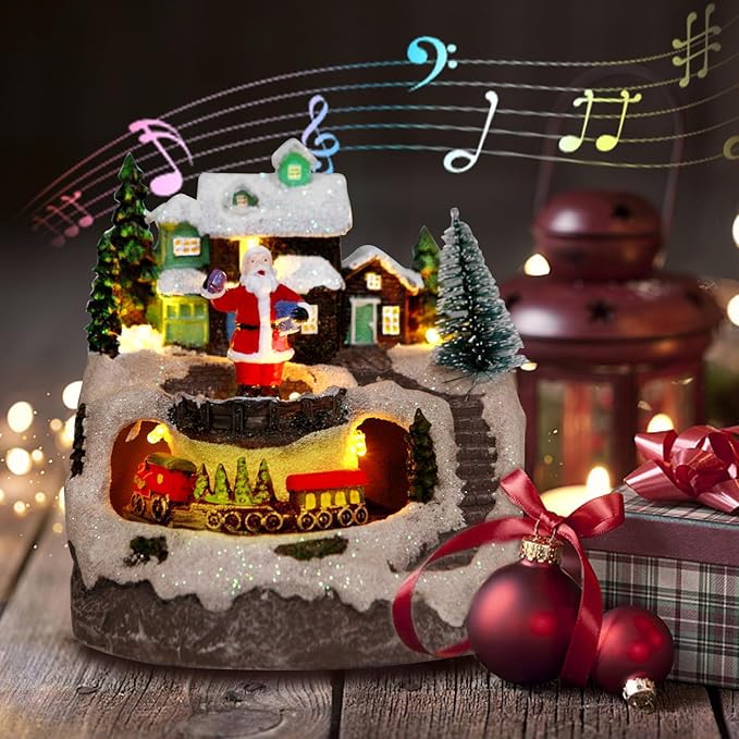 Christmas Village Snow Globe Decorations Resin Building Figurines Revolving Train Christmas Collectible Buildings 8 Music for Vintage Xmas Gift Christmas Decoration Santa Clau