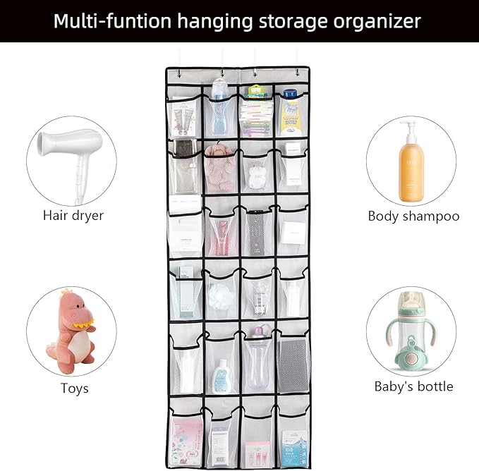 Hanging Shoe Organizer, Over The Door Shoe Organizer with 24 Mesh Large Pockets Door Shoe Rack for Men Women Kids Hanging Door Shoe Holder Size:58x21 Inch (White-2pack)