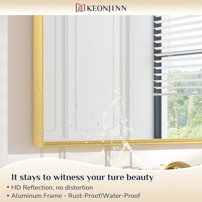 Keonjinn 24 x 36 Inch Brushed Gold Bathroom Mirror Gold Wall Mounted Vanity Mirror Metal Framed Rectangular Mirror for Bathroom Gold Rectangle Mirror with Aluminum Alloy Frame(Horizontal/Vertical)
