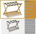 Full Assembled Luggage Rack Set of 2, Bamboo Luggage Holder Rack for Guest Room, 26.77" L Folding Suitcase Stand with 5 Nylon Straps & Storage Shelf for Bedroom Hotel (2 Pack - Natural)