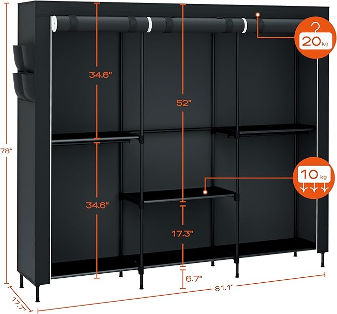 Portable Closet, 81.5 Inch Extra Large Capacity Wardrobe Closet with Cover, Clothes Storage Organizer with Shelves and 5 Hanging Rods, Easy to Assembly, Black PCT136B01