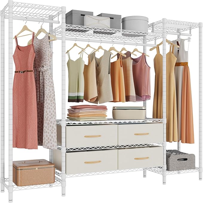 VIPEK V20 Wire Garment Rack Heavy Duty Clothes Rack, Metal Clothing Rack with 6 Shelves, 3 Hang Rods & 4 Fabric Drawers, Compact Freestanding Closet Wardrobe, 56.7" L x 14.6" W x 70.9" H, White