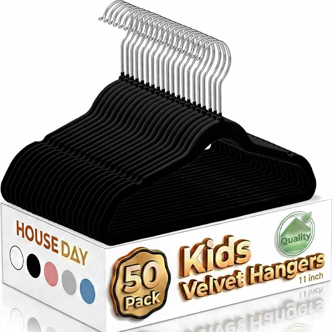 HOUSE DAY 11 Inch Velvet Baby Hangers 50 Pack Black, Premium Kids Hangers for Children/Infant/Toddler Clothes, Durable Non Slip Small Baby Felt Hanger for Closet, Ideal for Everyday Use