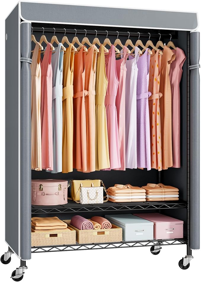 P6C Plus Rolling Clothes Rack with Cover, Covered Clothing Rack Heavy Duty, Portable Closet for Hanging Clothes, Garment Rack on Wheels, Black Closet Rack with Gray Cover, Max Load 375LBS