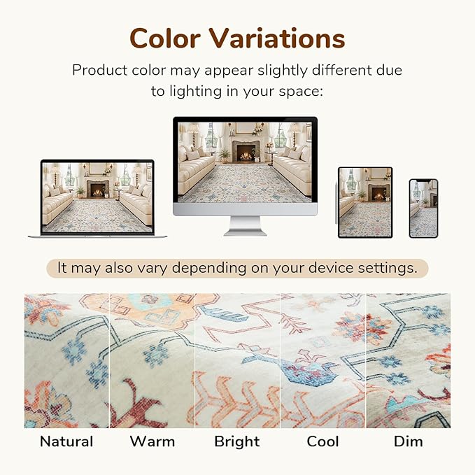 Lessymo Washable 9x12 Area Rug for Living Room, Large Rugs for Bedroom Dining Nursery Room, Soft Non-Slip Vintage Floral Oushak Carpet, Boho Colorful Pastel Farmhouse Decor, Multi/Ivory