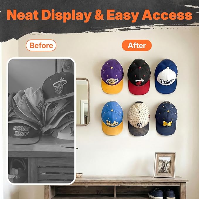 HOUSE DAY Adhesive Hat Hooks for Wall 8 Pack, Strong Hat Rack for Baseball Cap Display Organizer, Hats Holder for Wall, Door, Closet, No Drilling, Black