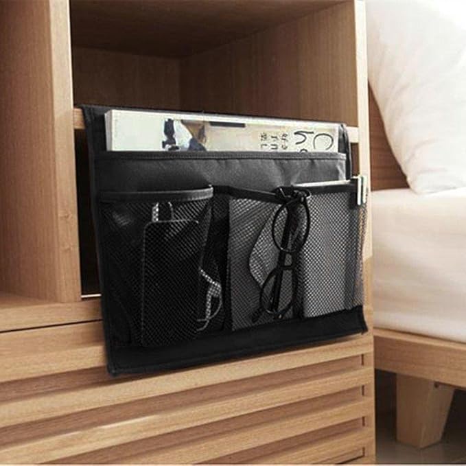 Bedside Caddy 4 Pockets Bedside Organizer Caddy Fit Tablet Magazine Phone Glasses, Under Mattress Remote Control Holder Storage Organizer, Black