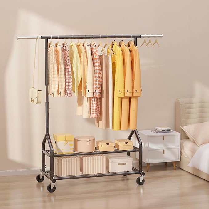 EAGMAK Heavy Duty Clothes Rack Load 556 LBS, Rolling Clothing Rack With Shelves, Height Adjustable Metal Clothes Hanger with Wheels Portable Wardrobe Organizer Garment Rod for Hanging Clothes (Black)