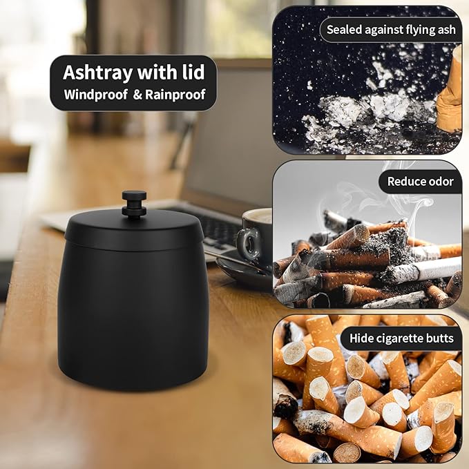 Large Ashtrays for Cigarettes Outdoor Ashtray with Lid, Outdoor Ashtrays for Cigarettes Patio, Metal Ash Tray Sets Windproof Outside Covers Iron Odorless Stainless Steel, Black Ashtray, Large